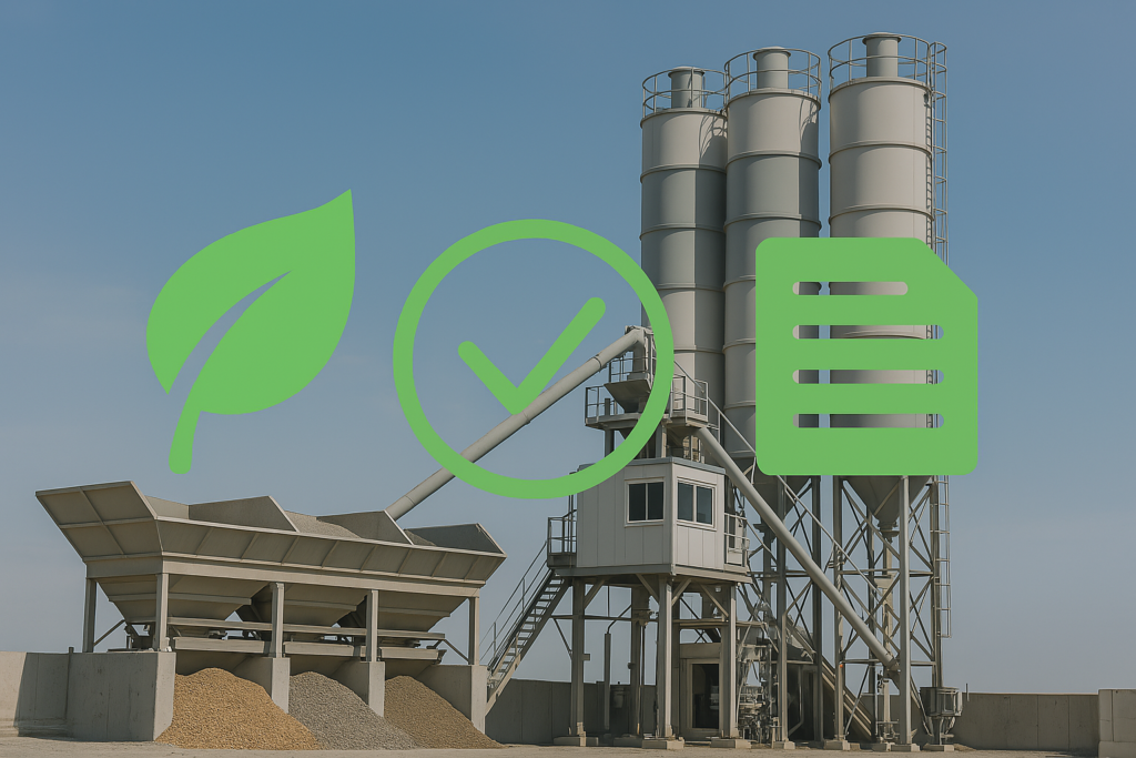 modern concrete batching plant with leaf, checkmark, document
