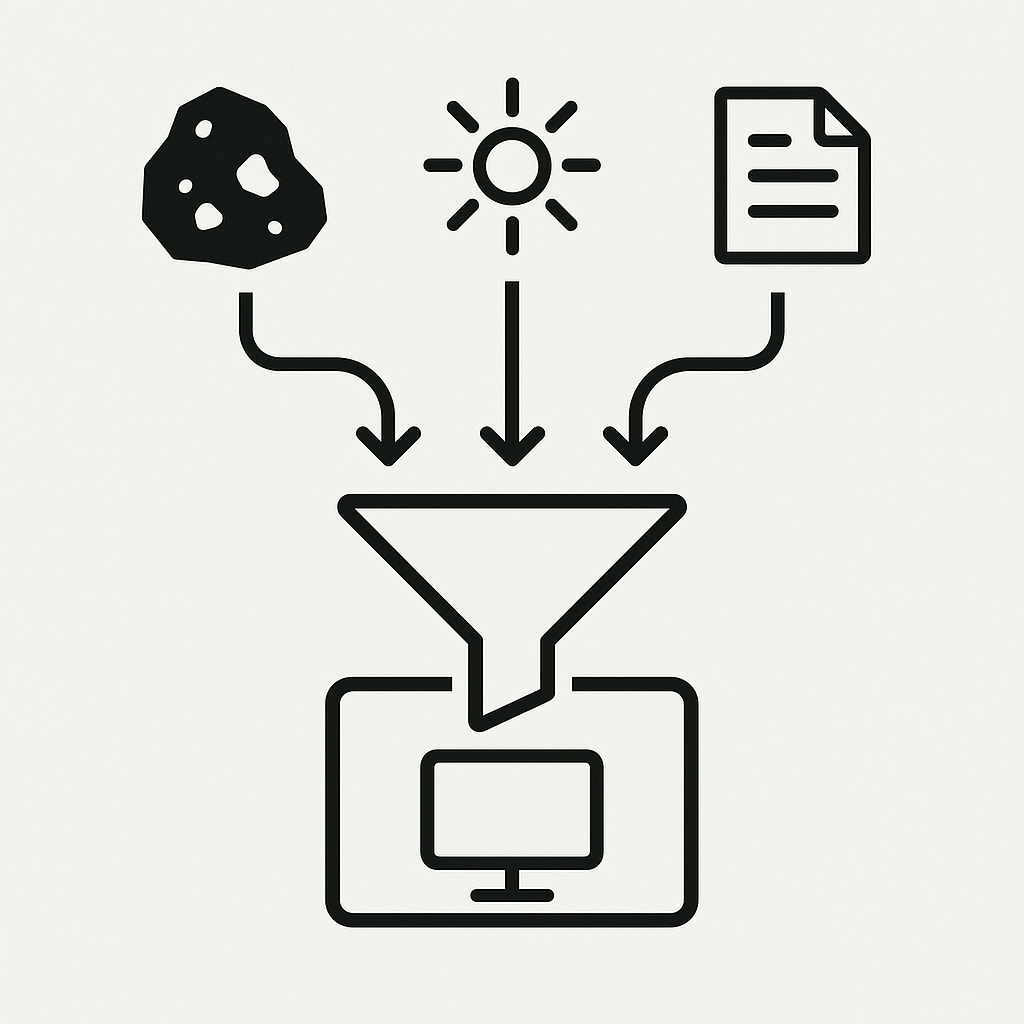workflow graphic showing icons for materials, energy, and data being funneled into a central system